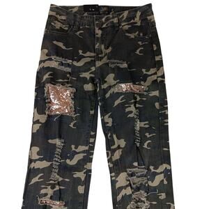 Lucky & Blessed Boyfriend Jeans Womens Camo Slim Distressed Ripped Gold patched